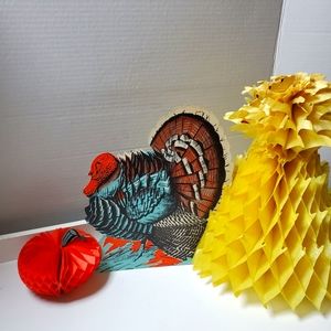 Vintage Die Cut Paper Thanksgiving Turkey Honeycomb Corn Stalk Pumpkin